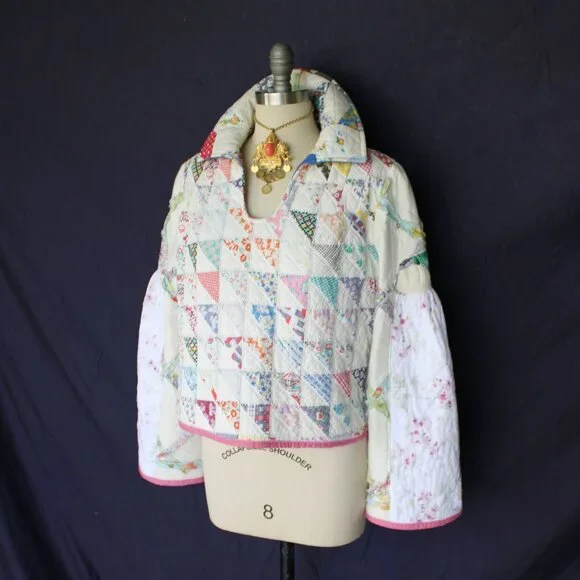 Hand crafted vintage patchwork quilt Blanket jacket tunic  sweater free people - Picture 5 of 11